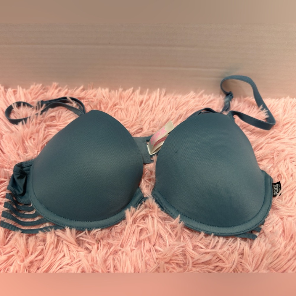 PINK Victoria's Secret Push-Up Underwire‎ Teal Lace Bra Sz 34B EUC
